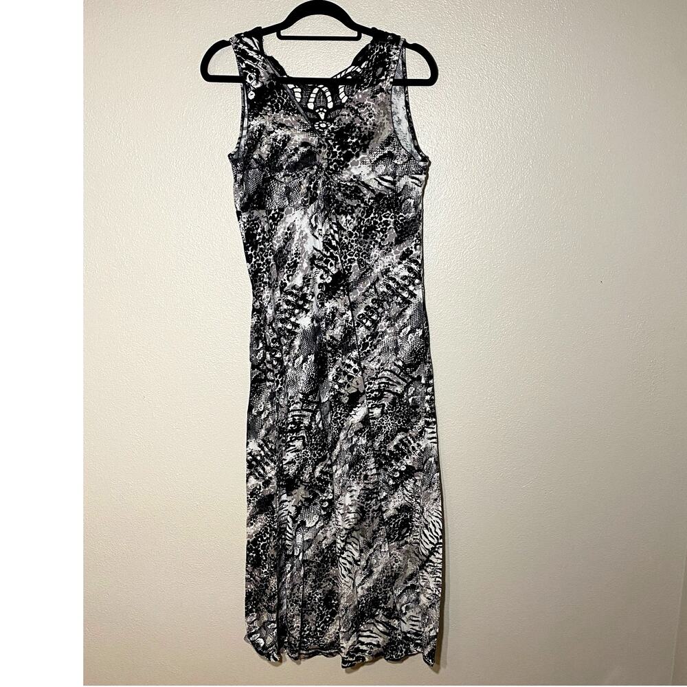 90s Slip Dress, Midi / Maxi Black and White Mixed Pattern Cheetah, Size L